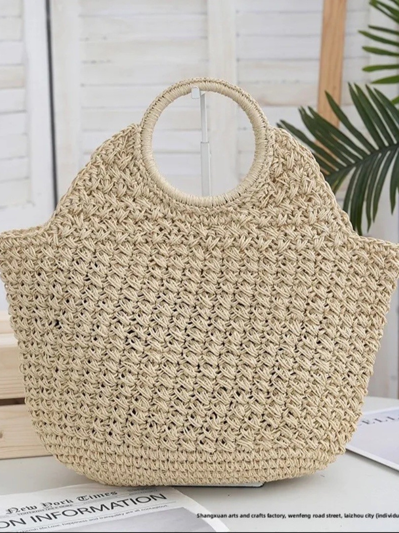 Handwoven Beige Straw Tote Bag With Round Handles